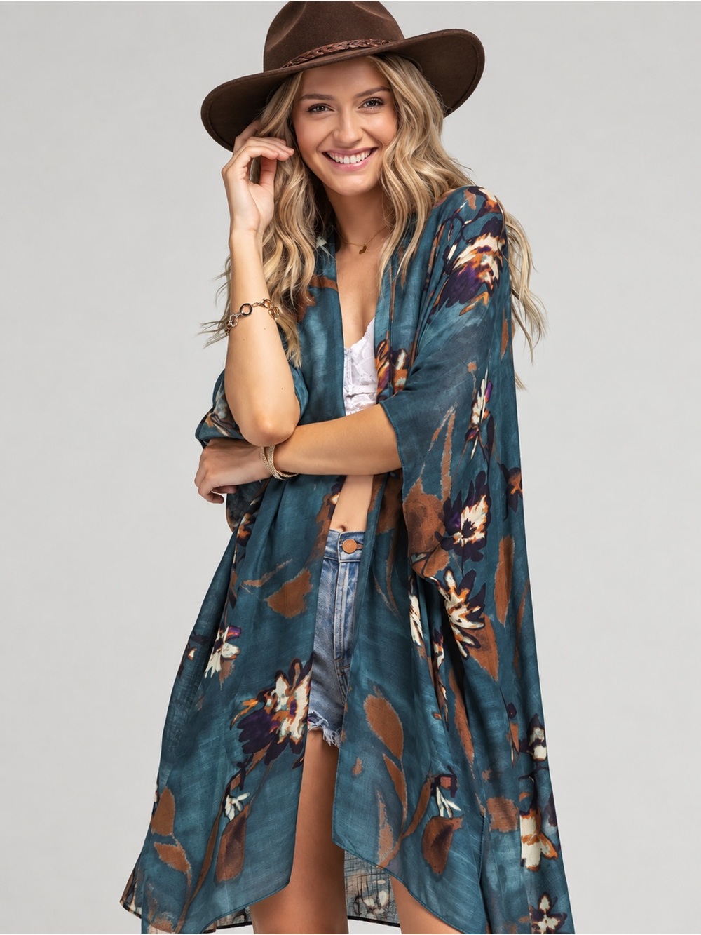 Bohemian Floral Kimono Cardigan in Teal and Brown Lightweight High-Low Womens